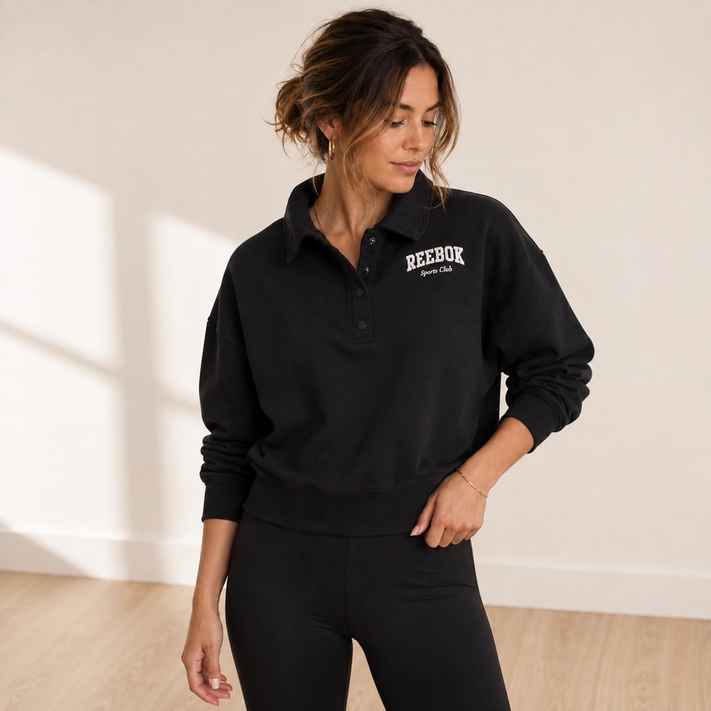 Reebok Sports Club Womens Black Quarter Snap Polo Sweatshirt Size L NWT